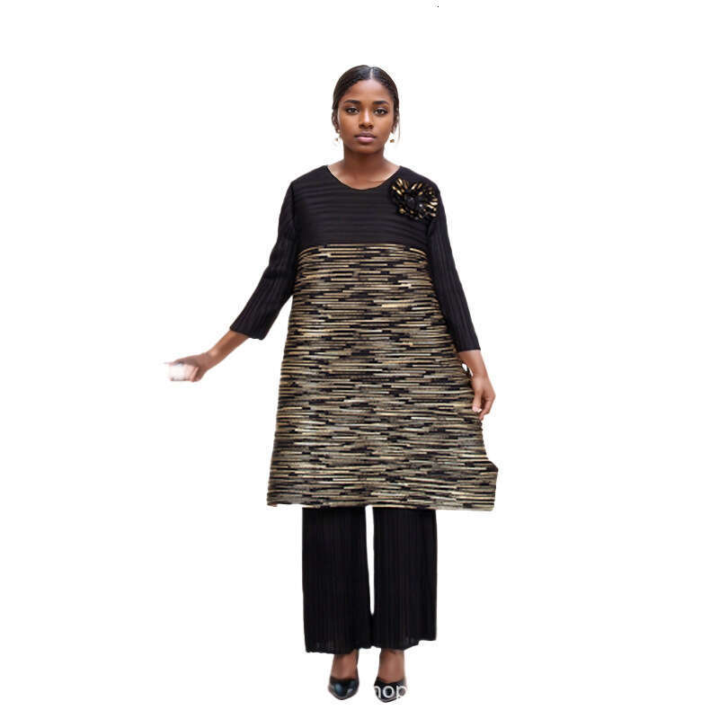Miyake Women's Autumn New Style End Hot Stamped Folded Mid To Long Top, High Waist Wide Leg Pants Two Piece Set