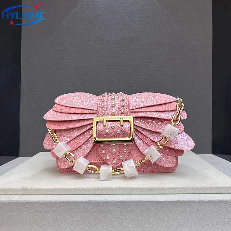 New 2024 Pearl Rivets Wings Women Genuine Leather Trendy Handbags Lady Small Square Shoulder Messenger Bag Sequin Bags