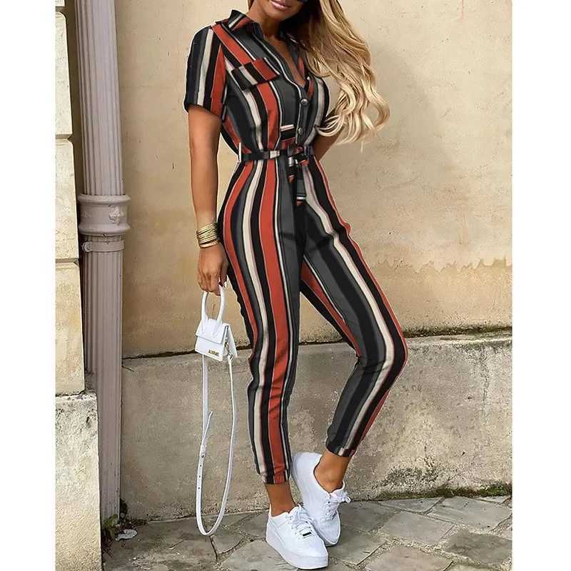 Womens Monochromatic Belt Workwear Jumpsuit Casual Pants Flip Collar Buckle European and American Summer 2024 X250318
