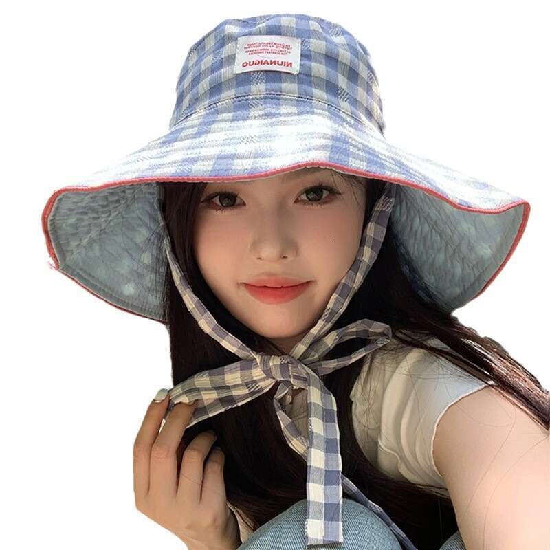 Double sided plaid fisherman for women in summer, thin design, UV resistant, foldable large brim, shading and sun protection hat