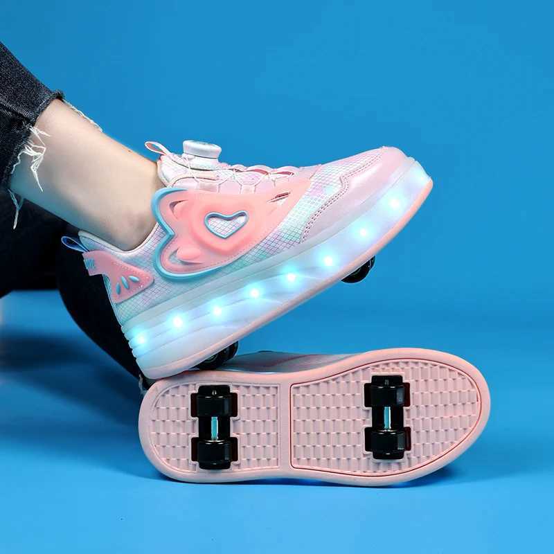 Childrens Skate Shoes USB Light Comfortable Roller-skating Sneakers Outdoor Sports Walking Girls Pink Roller Skate Shoes for Kid W250318