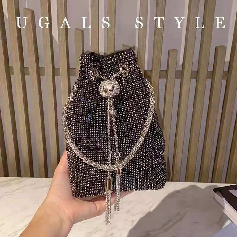 Women's Handbag Glitter String Bucket Crystal Shiny Rhies Dia Evening Wedding Party Clutch Purse Crossbody Bag