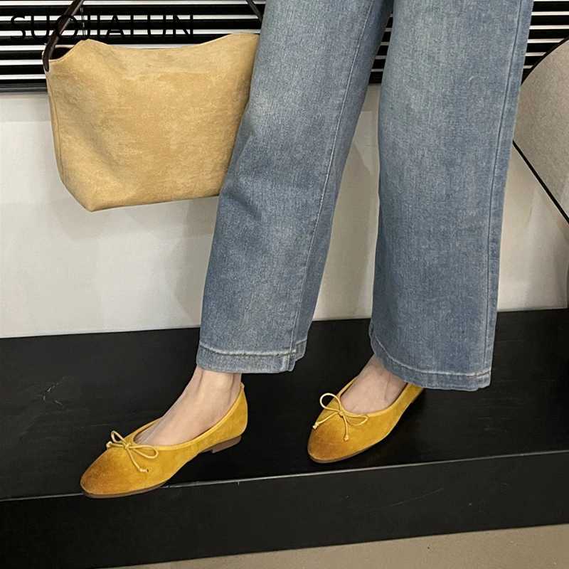 SUOJIALUN 2024 Spring New Wenping Shoes Fi Bow Round Toe Womens Ballet Shoes Light Slip Dress Ballet Shoes Y250317