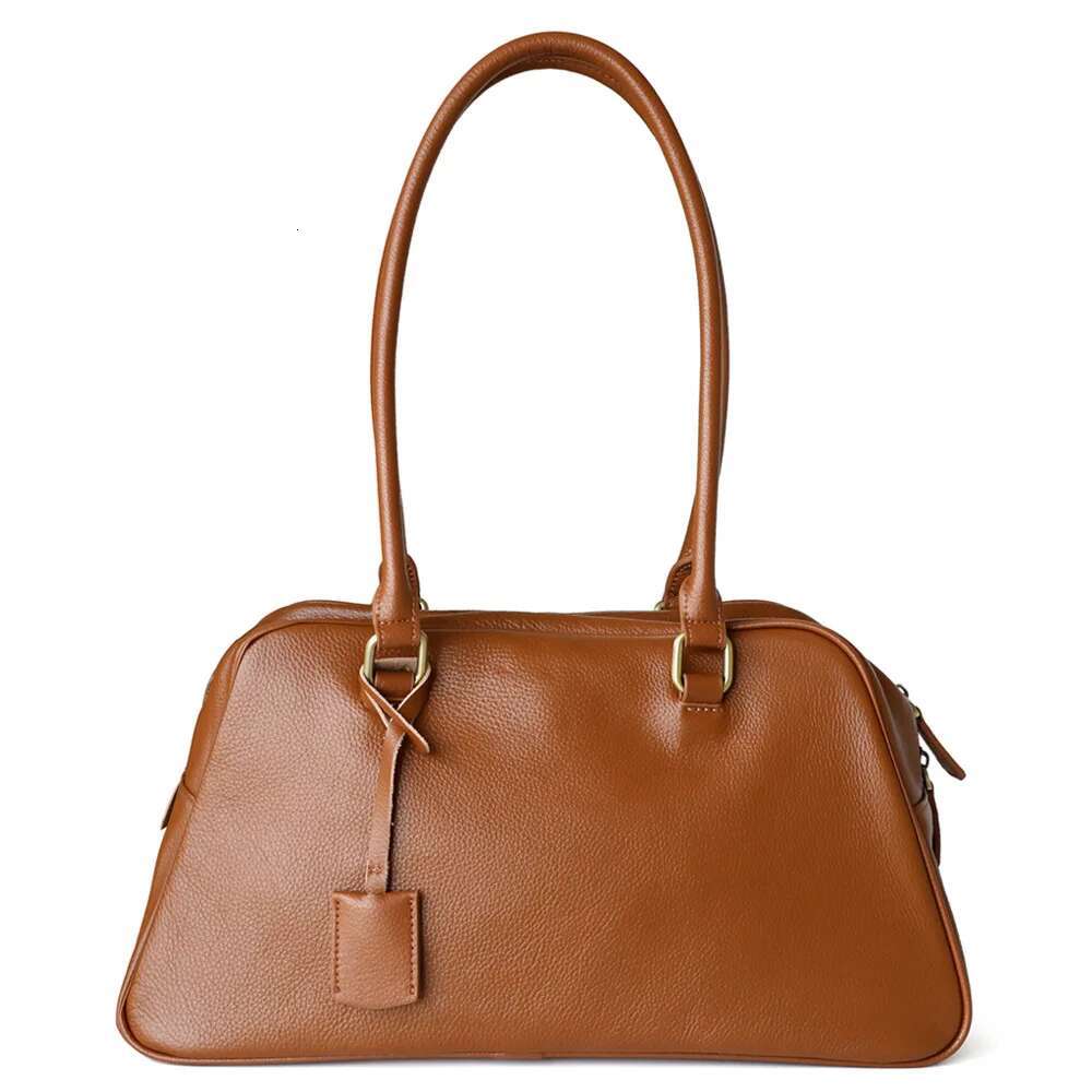 New Winter Genuine Women Large Retro Bags 2024 Cowhide Leather Commute Handbags High Quality Simple Shoulder Bag Brown