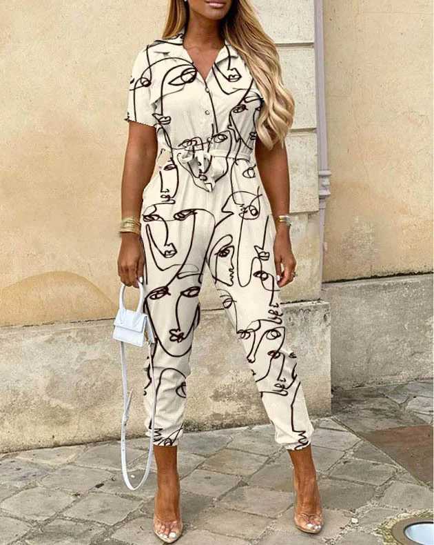 2024 Spring Summer Womens Slim Short Slves Jumpsuits Fashion Turn-down Collar High Waist Leace-up Printed Playsuit Strtwear X250318