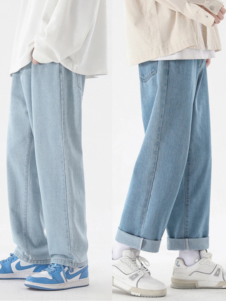 Korean Fashion Mens Casual Ankle-Length Jeans Classic Man Straight Denim Wide-leg Pants Light Blue Grey Black 3XL 250318