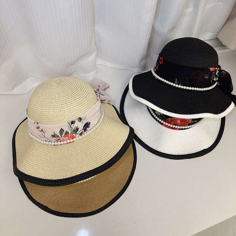 New Chinese style China-Chic ribbon big brim sunscreen straw for women fashionable breathable wave edge sunshade beach hat tide