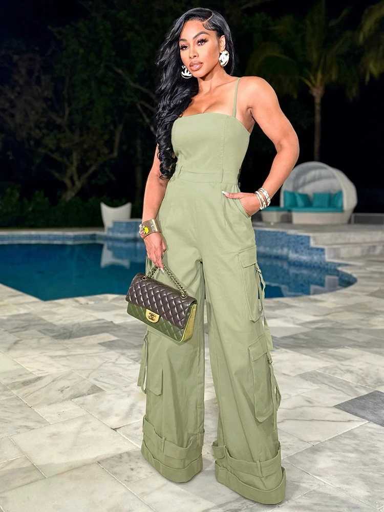 Fashion Multi Pocket Cargo Pants Wide Leg Jumpsuit Rompers Women Khaki Spaghetti Strap Backless One Piece Overalls Strtwear X250318