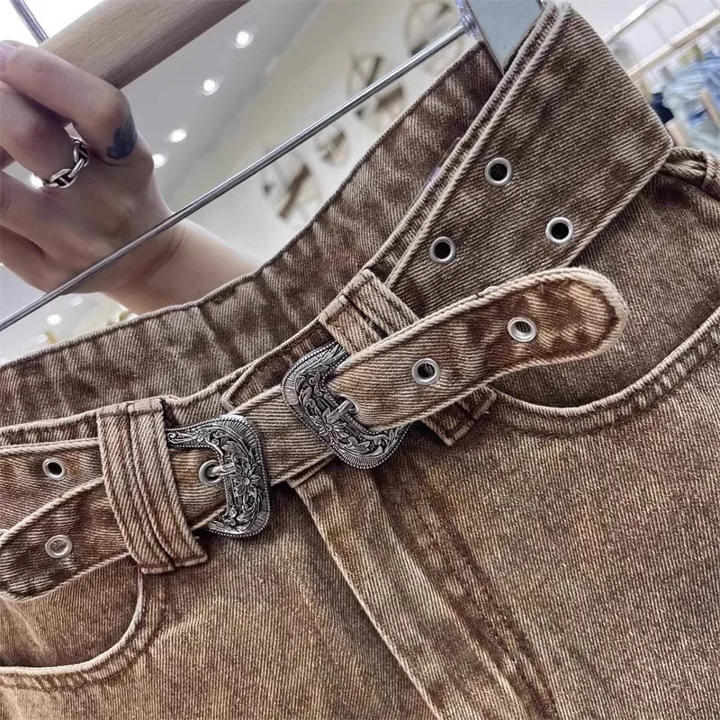 Retro Brown Shorts with A Cut Waistband High Waist Personalized Fashion Wide Leg Pants Shorts Women 250318