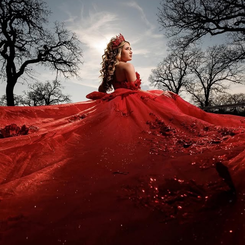 Red Shiny Princess Ball Gown Quinceanera Dresses Lace Appliques Crystals Beading Tull Sweet 16 Dress vestidos de 15 Anos