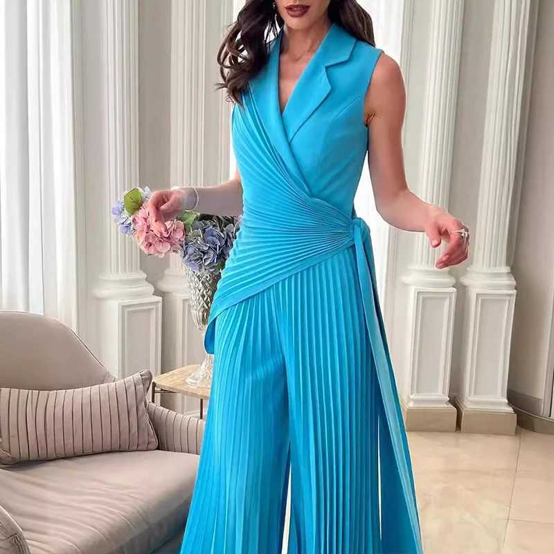Elegant collar wrinkle free long jumpsuit for women fashionable high waisted lace office jumpsuit casual solid loose wide leg gaming suit X250318