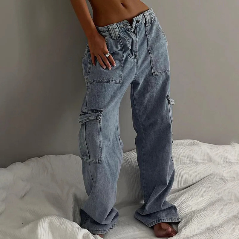 Womens cargo jeans European and American retro loose straight work pants elastic waist patch pocket free delivery 250317