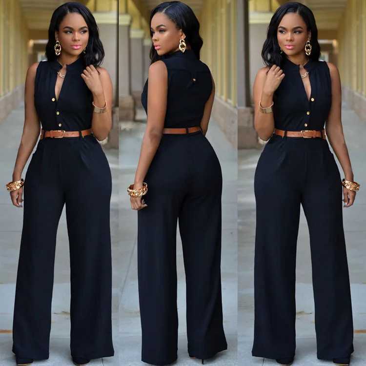 Elegant Womens Jumpsuits Belt Summer High Waist Wide Leg Button V-neck Slveless Casual Sexy Solid Blue Office Lady Rompers X250318