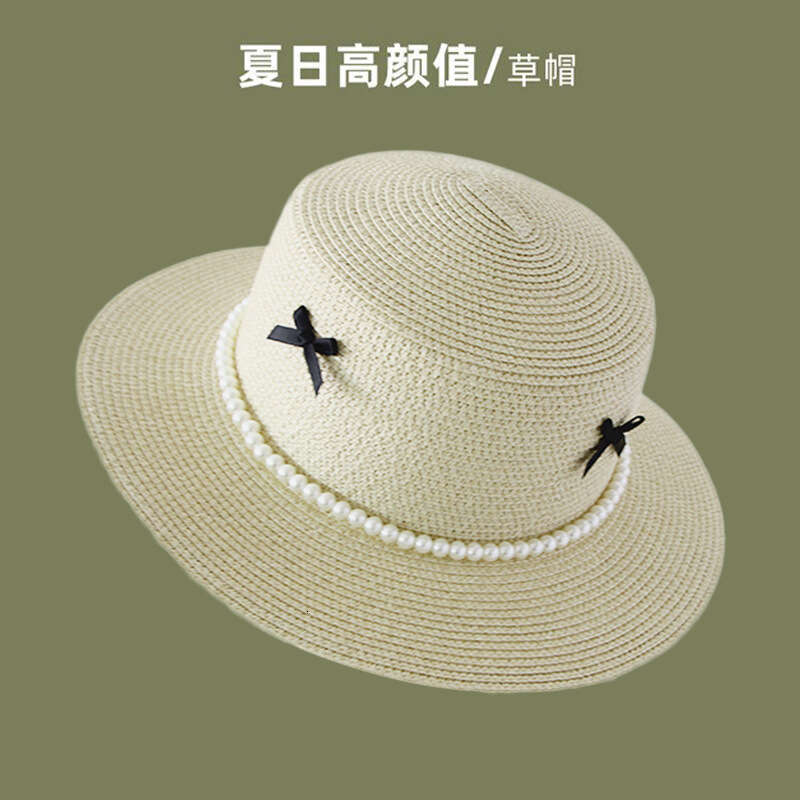Flat topped straw women's French pearl bow, flat edge hat, beach vacation style, sun protection hat