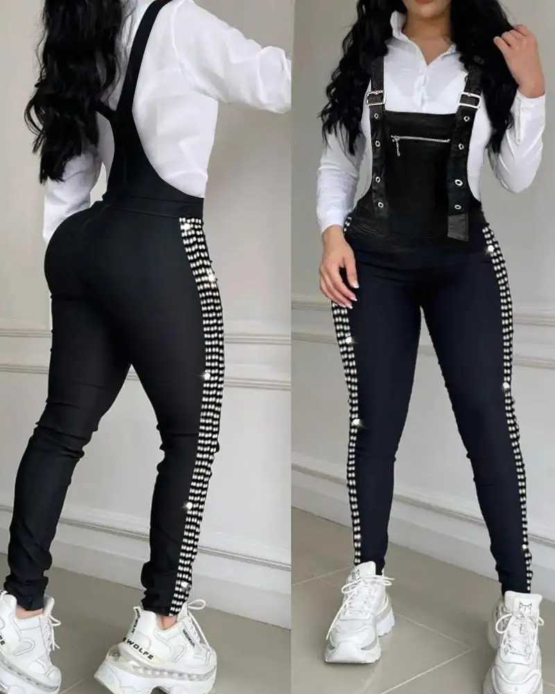 Elegant rhinestone decorative buckle pendant jumpsuit for women in spring and summer 2025 casual plain weave tight fitting jumpsuit in black X250318