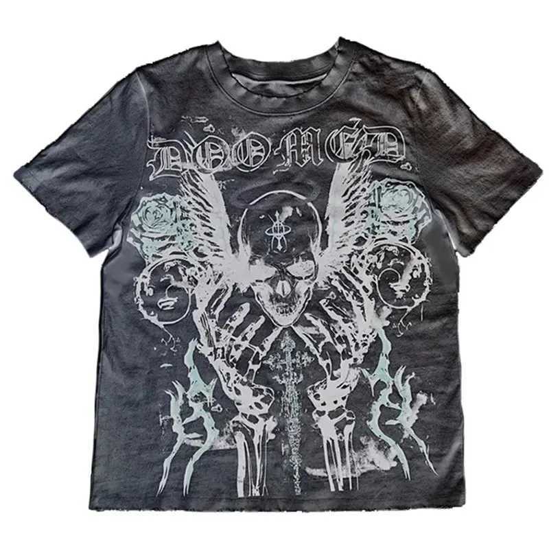 Retro skull large pattern short sleeved T-shirt street dark punk Y2k 90s Harajuku round neck oversized loose topXJ250318