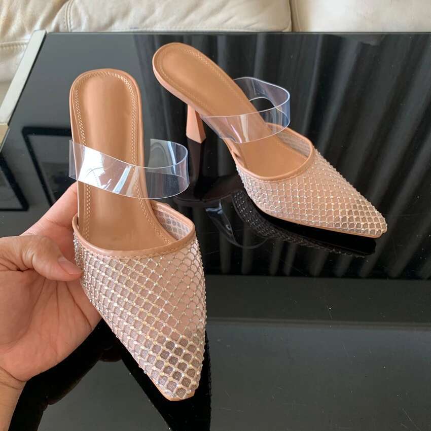 Woman Sandal Sexy Rhies Mesh Pointed Toe Sgback Brand Elegant Party High Heels Shoes For Lady Summer Footwear