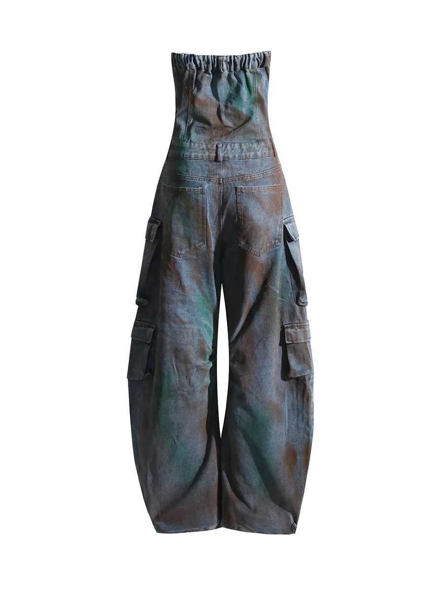 Sexy American hot girl tight strapless jumpsuit retro washed multi pocket cargo pants fashionable denim jumpsuit X250318