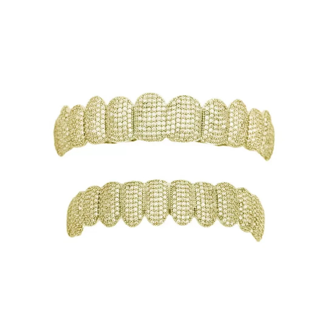 Teeth Set For Unisex Top Bottom Iced Out Cubic Zirconia Stone Brass Material Hip Hop Cosply Jewelry For Man Women 250318