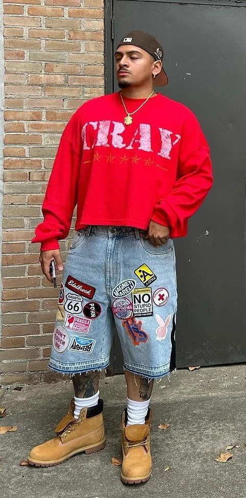 Y2K jeans mens hiphop cartoon graphic streetwear retro patch work denim shorts blue loose fitness casual 250317