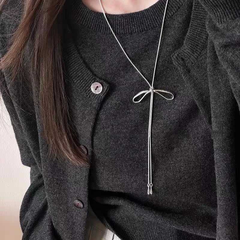 LATS Simple Bowknot Drawstring On Necklace for Women Korean Fashion Sweater Chain Trend Jewelry Accessories Gifts W250318