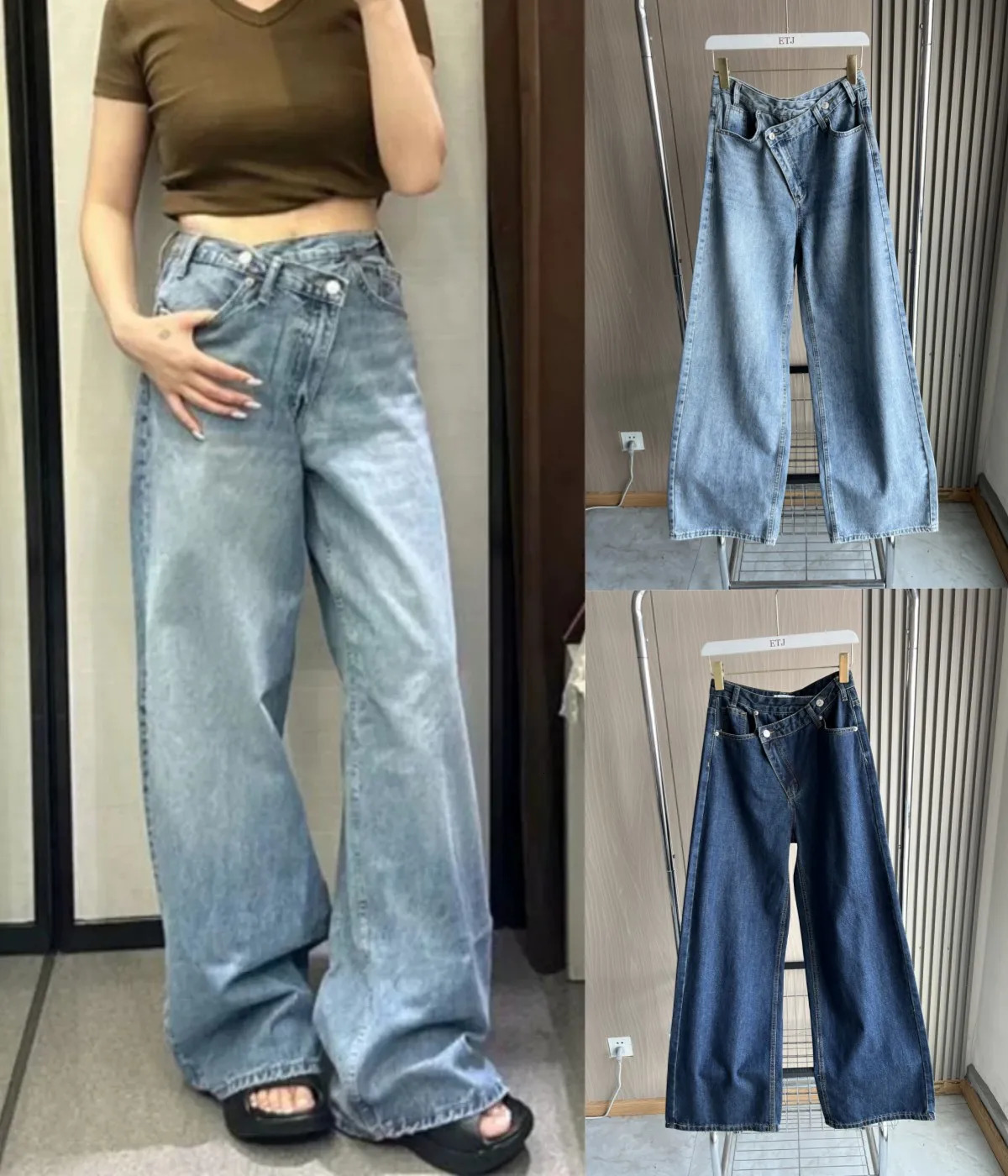 ETJ Womens Basic Classic Full Match Fashion Cross Waist High TRAF Wide Leg Jeans 8197232 250317