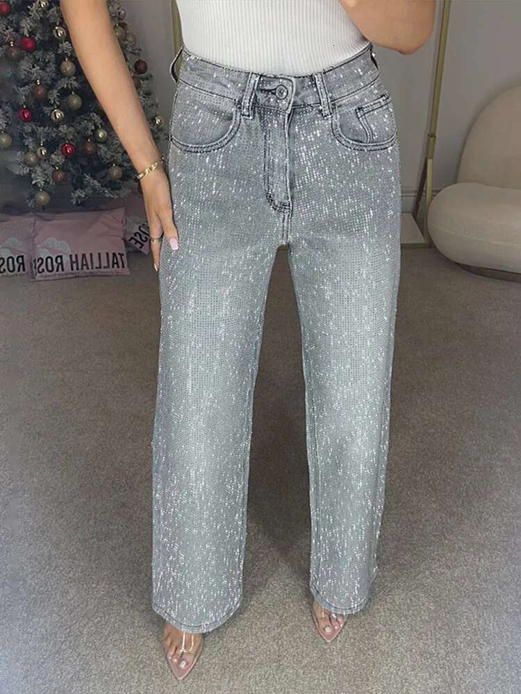 Y2k Women Shiny Rhie Denim Pants Wide Leg Straight Full Dia Jeans For Female Dragging High Street Outwear Trousers
