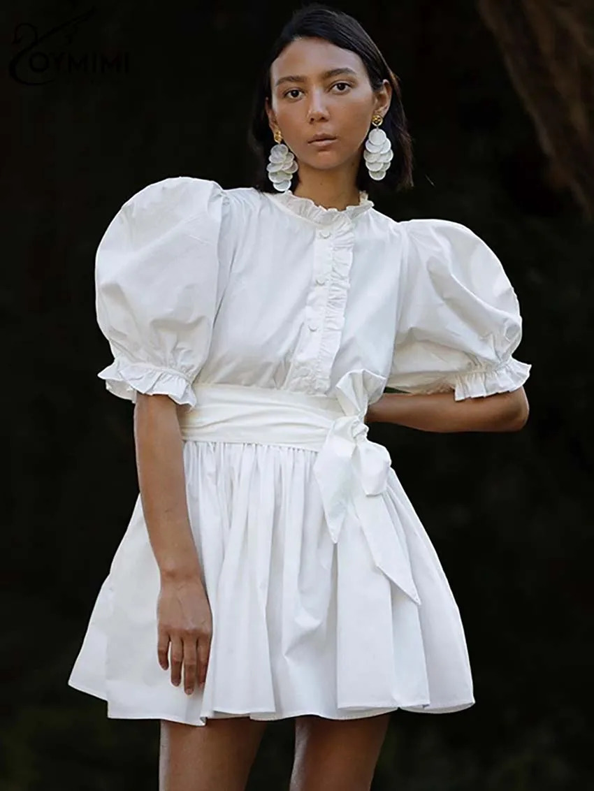 Oymimi elegant white loose womens dress fashionable O-neck short sleeved button up dress casual high waisted pleated mini dress 250314