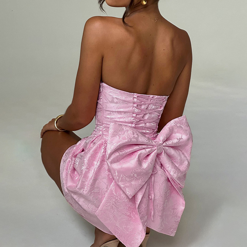 Summer 2024 New Women's Sweet Slim Fit Jacquard Bra Tie Bow Mini Dress