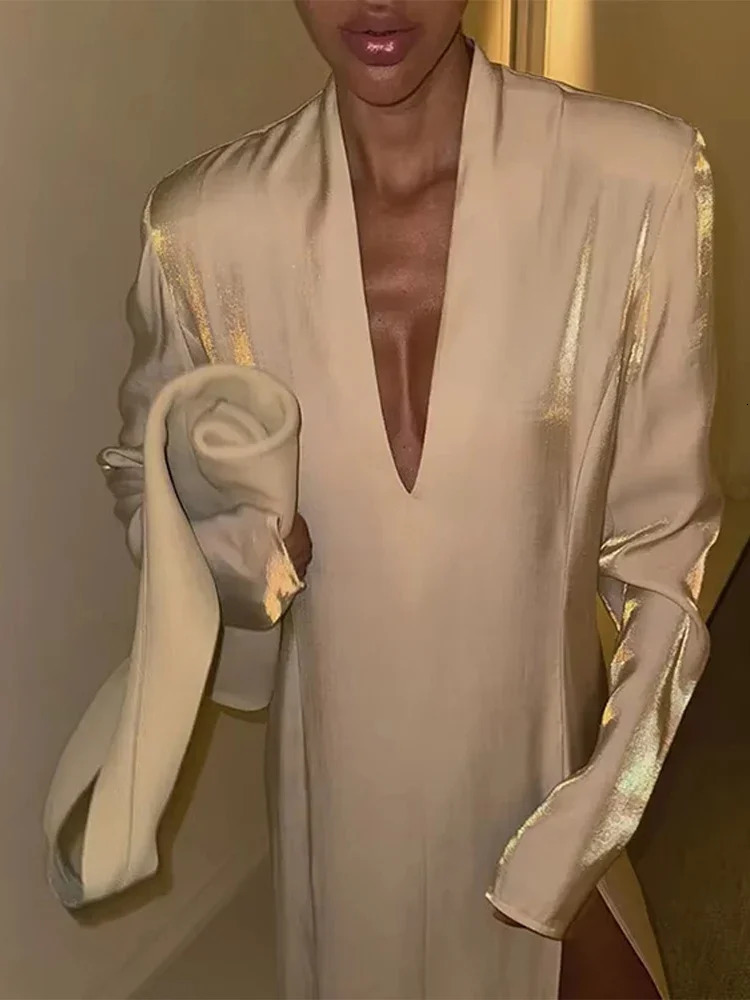 Glitter Party Long Dress Women Sexy V-neck High Split Female Dresses 2025 Spring Summer Street Elegant Full Sleeves Lady Robe 250318