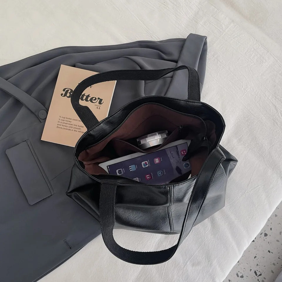 Solid Color Pu Leather Tote Bag Fashionable Shoulder Bag for Women 2025 Perfect for School Office and Shopping Large Capacity R250318