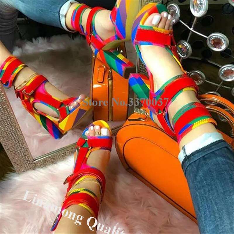Colorful Chunky Heel Among Sexy Open Toe High Platform Rainbow Metal Buckles Gladiator Sandals Patchwork Heels