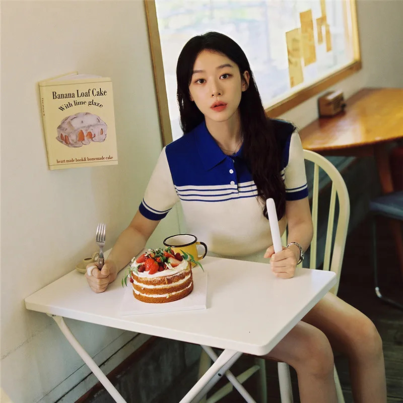 Summer Fashion Womens Wool Cotton Short-sleeved Tees Sweater Polo Collar Color Blocking Pullover Tops Knitted Bottoming T-shirt 250318