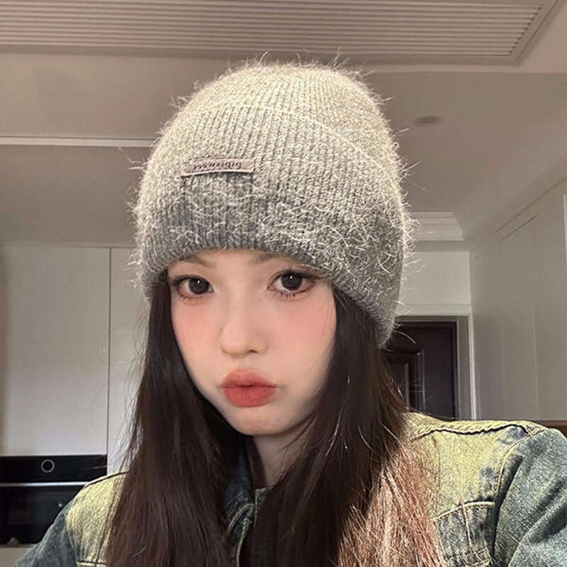 Korean autumn and winter casual hats with letter labeg, wool rabbit hair knitted cold hats, trendy