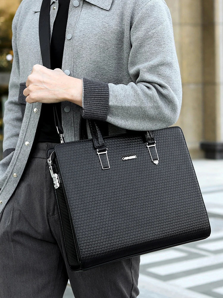 mens briefcase PU leather high-quality administrative document office shoulder investment portfolio large capacity business side bag 250317