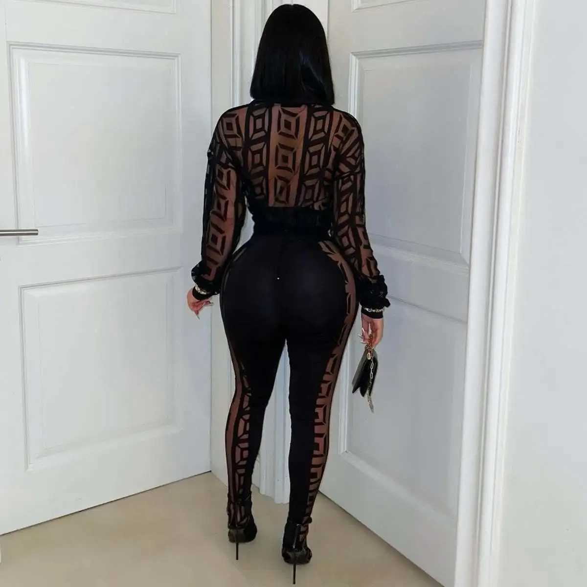 Aosen Womens Club Party Sexy Pajama Set Mesh Long Hollow Tight One Piece jumpsuit X250318