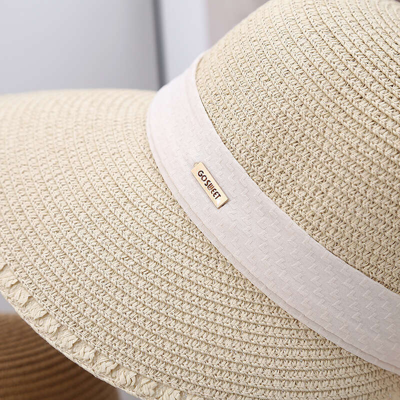 Women's Summer Outdoor Big Eaves Protection Grass Bow Beach Folding Weave Sun Hat
