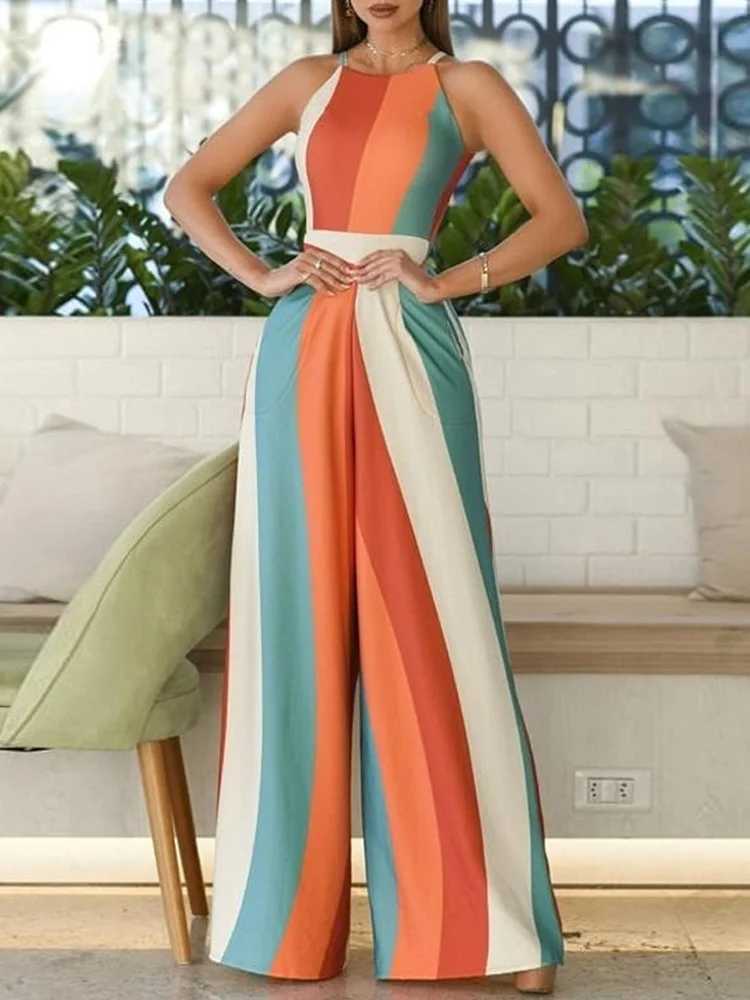 Colored lock stripe printed spaghetti strap wide leg jumpsuit for women sleeveless casual one-piece set X250318