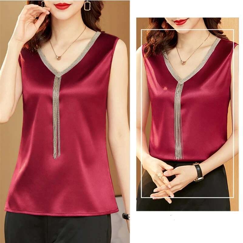 Fashion Crop Women V-Neck Tassel Women's T-Shirt Solid Vest Ladies Tops Summer Tank Top Chiffon Blouse White Woman Clothes