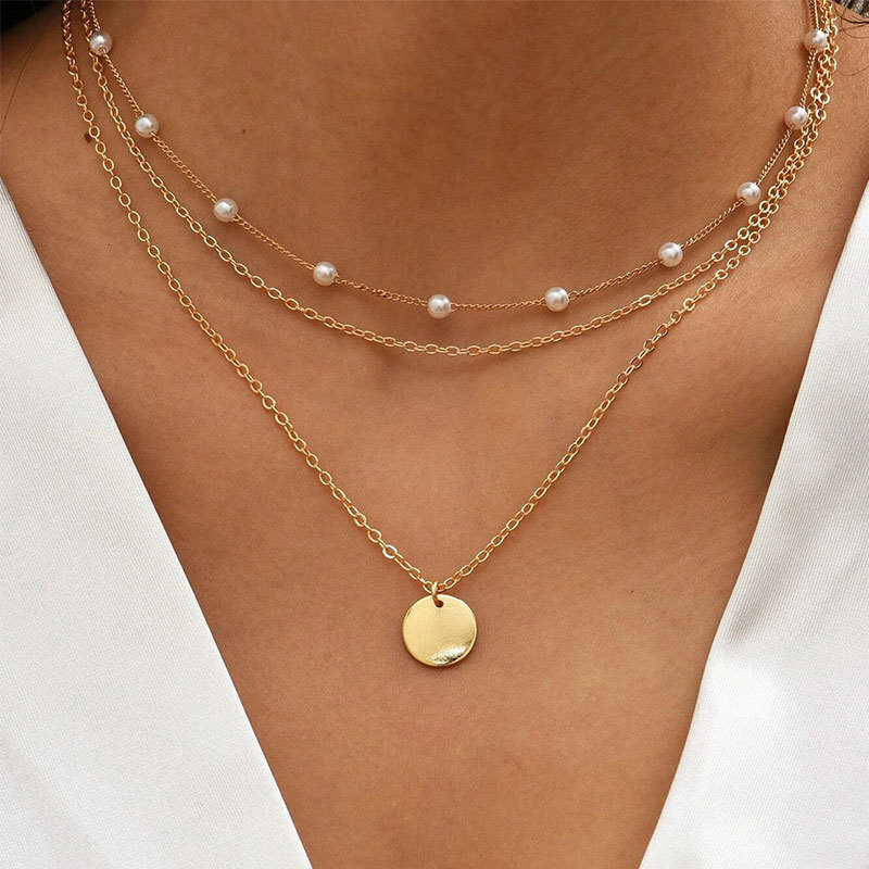 Imitation Pearl Chain Round Piece Pendant Three Layer Necklace Women Simple Collarbone Chain Choker Jewelry
