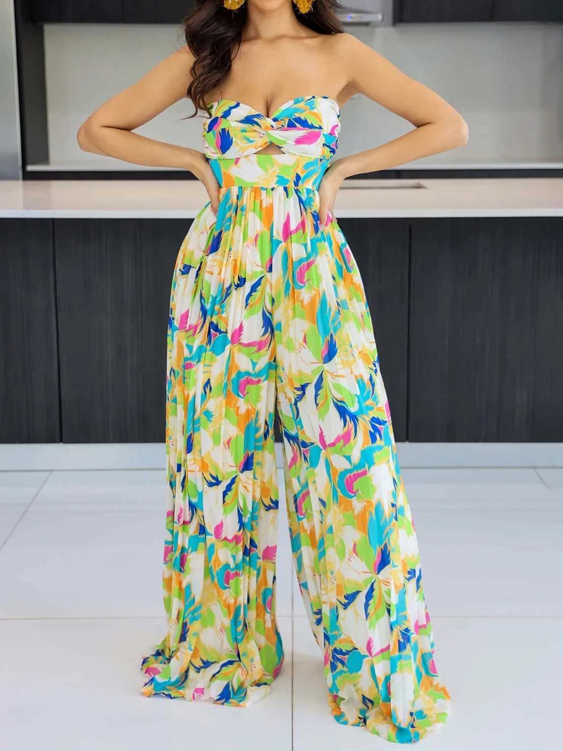 Summer elegant womens floral print jumpsuit strapless high waisted casual legs X250318