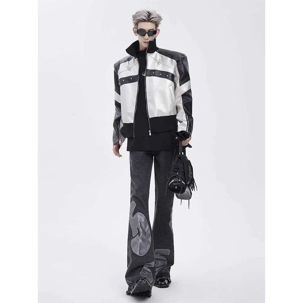 Men's Clothing Short Standing Collar Motorcycle Jacket For Men In Autumn, American Style Metal Buckle, Men's Rugged And Handsome Shoulder Pa