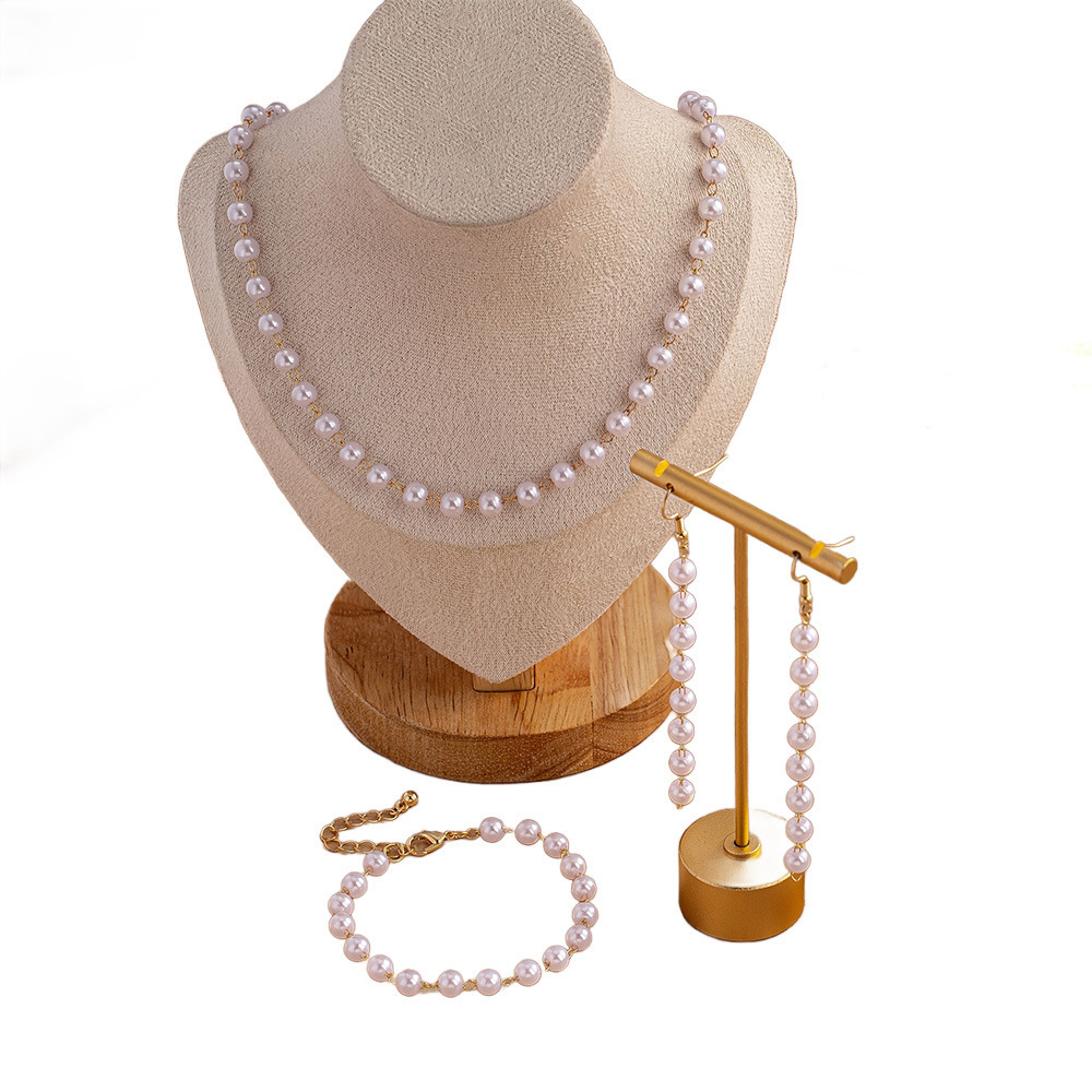 6mm Imitation Pearl Necklace Bracelet Earrings Three-piece Set Women's Beaded Chain Collar Hand Earrings