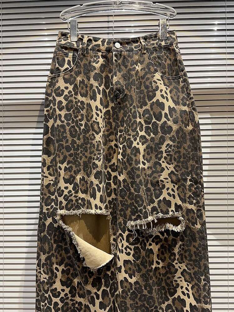 DEAT Fashion Hollow Out Design Leopard Print Loose Wide Leg Casual Pants For Women High Waist Trousers Spring 2024 New 11Xx5342