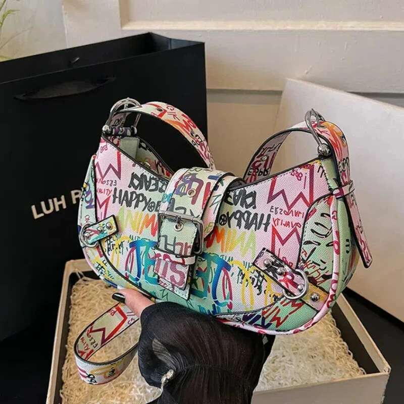 Hip Hop Graffiti Bags For Women 2025 New Leather Underarm Shoulder Bag Ladies Letter Fashion High Quality Hobos Handbag