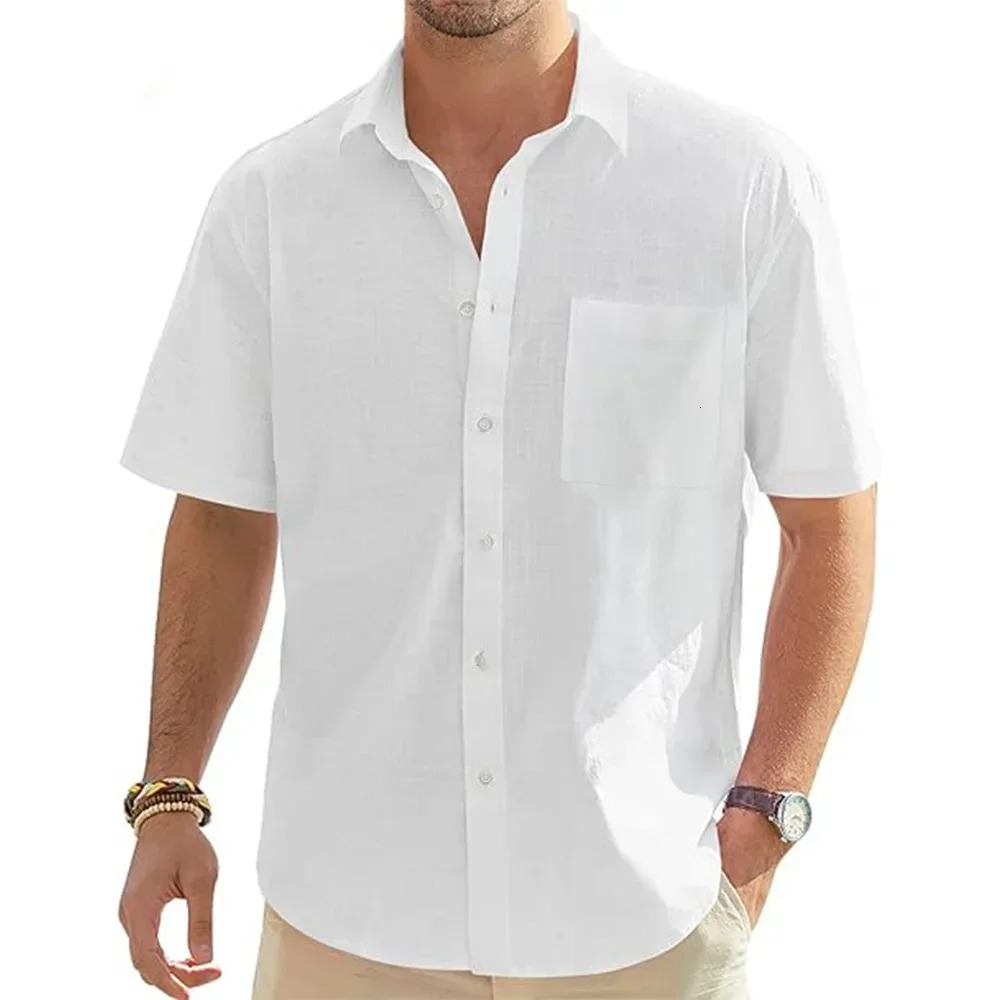 Mens Solid Color Cotton Linen Short Sleeve Shirts Vacation Beach Summer Tops with Pocket Casual Lightweight Button Shirts 250318
