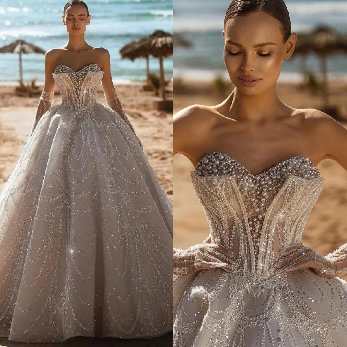 Gorgeous A e Women Wedding Sweetheart Neck Strapless Sleeveless Bridal Gowns Sequins Pearls Rhie Sweep Train Dress Custom Made