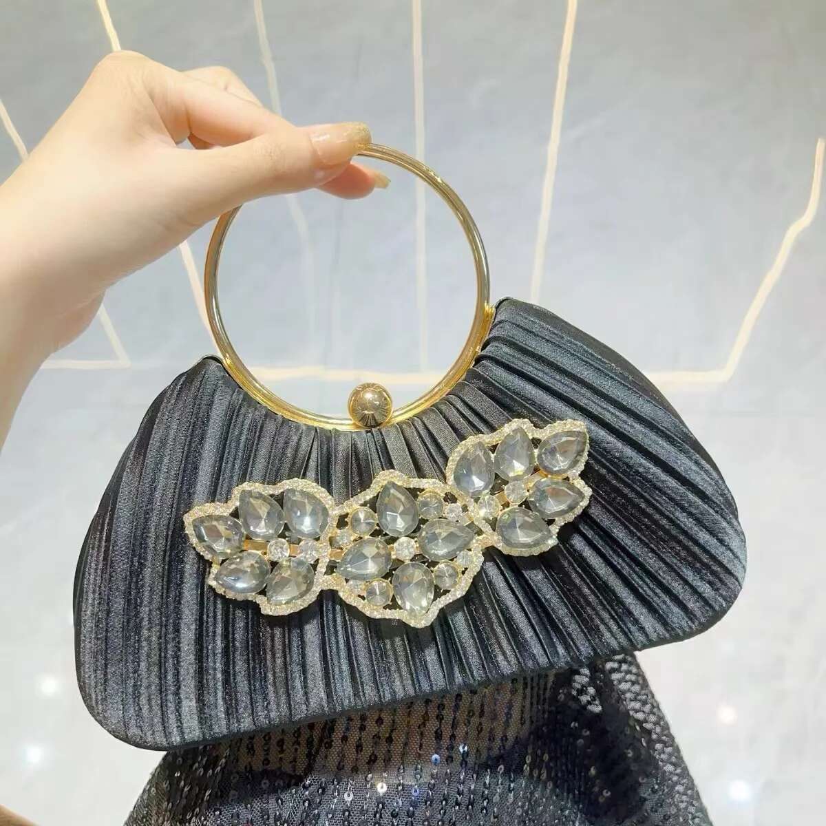 Crystal Shiny Rhie Dia Square Satin Pleated Women's Handbag Evening Wedding Party Clutch Purse Shoulder Bag