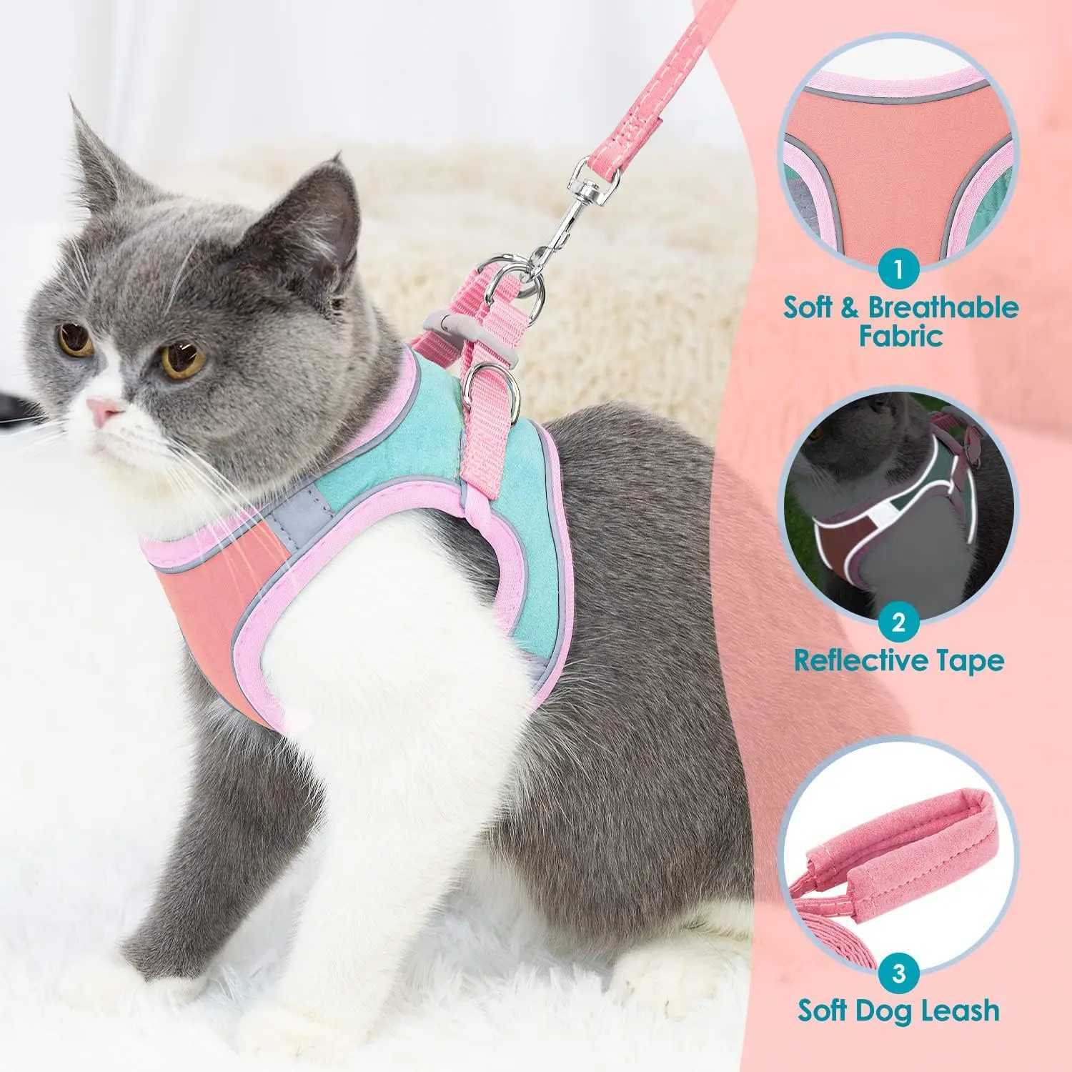 Small pet vest style reflective harness set suitable for night cats with adjustable harness and pet belt setT250318