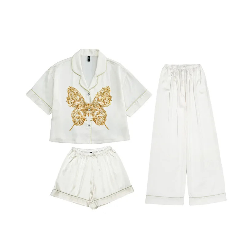 Loose Print Short Three-piece Ice Silk Pajamas Womens Short Sleeve Set Womens Summer Thin High Soft Quality Pyjamas Sets 250317